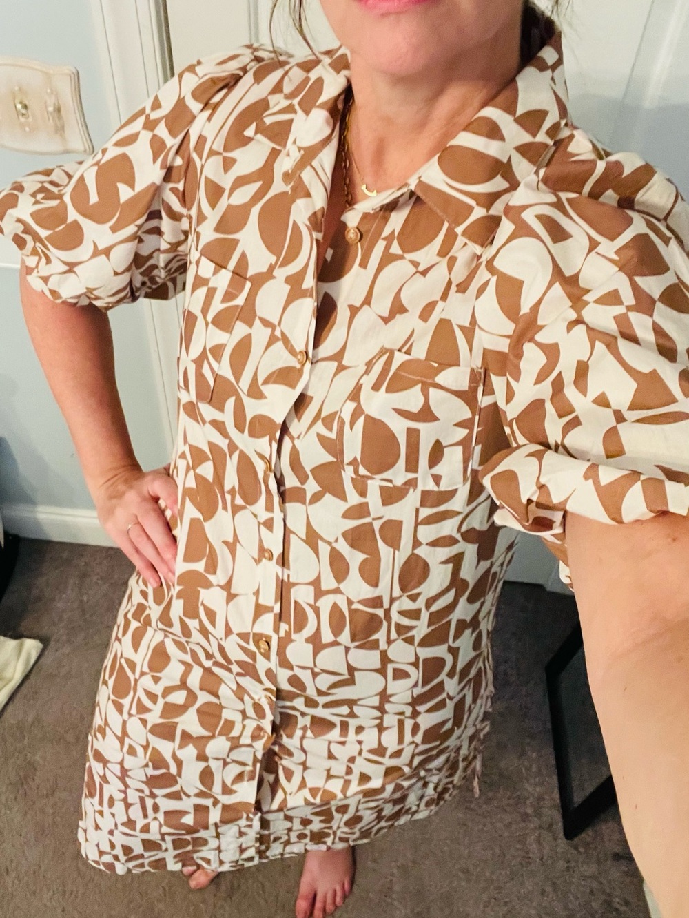 THML Brown and White Geometric Shirt Dress